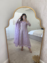 Load image into Gallery viewer, Chickankari lilac angrakha frock with chiffon duppata and trouser
