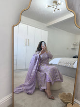 Load image into Gallery viewer, Chickankari lilac angrakha frock with chiffon duppata and trouser