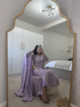 Load image into Gallery viewer, Chickankari lilac angrakha frock with chiffon duppata and trouser