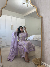 Load image into Gallery viewer, Chickankari lilac angrakha frock with chiffon duppata and trouser
