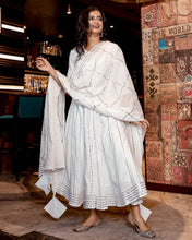 Load image into Gallery viewer, White Gota Anarkali Kurta And Pants With Dupatta- Set Of Three (PREORDER 2-4 WEEKS DELIVERY)