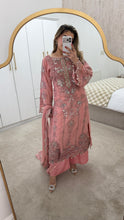 Load image into Gallery viewer, Light Pink Maria b inspired chiffon suit with embellishment and embroidery with chiffon duppata and trouser. Asian party wear suit.