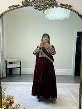Load image into Gallery viewer, Chiffon frock style suit with sari draped duppata and hand embellishments and silk trouser. Eid collection. Party wear.
