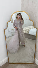 Load image into Gallery viewer, Light lilac / grey organza suit with embellishment and embroidery with duppata and trouser. Asian party wear suit.