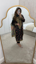 Load image into Gallery viewer, Black silk floral embroidered 3 piece suit with silk duppata