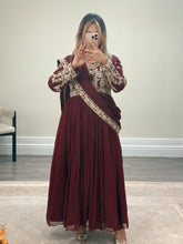 Load image into Gallery viewer, Chiffon frock style suit with sari draped duppata and hand embellishments and silk trouser. Eid collection. Party wear.