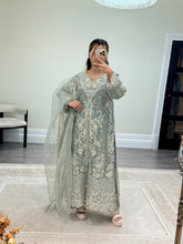 Load image into Gallery viewer, Light lilac / grey organza suit with embellishment and embroidery with duppata and trouser. Asian party wear suit.