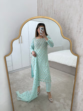 Load image into Gallery viewer, Chiffon embrofidered suit with chiffon heavily embroidered duppata and trouser