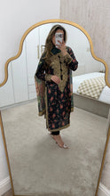 Load image into Gallery viewer, Black silk floral embroidered 3 piece suit with silk duppata