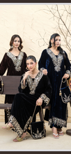 Load image into Gallery viewer, Design 2 Morrored Velvet Embroidered on trend kaftan with trouser and dupatta