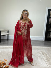 Load image into Gallery viewer, Red embroidered suit with foil work and mirror work embellishments with trouser and chiffon duppata