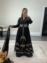 Load image into Gallery viewer, Maria b inspired black chiffon frock with embroidered and rhinestone detailing with trouser and chiffon duppata