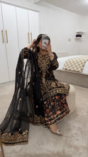 Load image into Gallery viewer, Black Organza embellished 3 piece suit with wide leg silk trouser Eid collection party wear