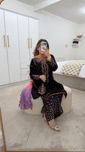 Load image into Gallery viewer, Purple velvet embroidered suit with sequin embroidery and embellishments. Chiffon duppata. Eid and party wear.