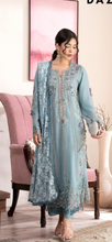 Load image into Gallery viewer, Maria B inspired collection. Chiffon shirt with embroidery and embellishments. Trouser and duppata.