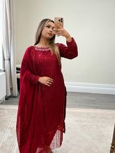 Load image into Gallery viewer, Sparkle Golden chiffon suit with embroidered chiffon duppata and trouser. Party wear. Eid collection.