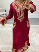 Load image into Gallery viewer, Beautiful handwork embroidered suit in red silk with cotton net duppata and trouser. Perfect wedding wear suit.