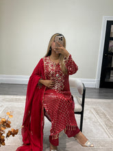 Load image into Gallery viewer, Red embroidered suit with foil work and mirror work embellishments with trouser and chiffon duppata