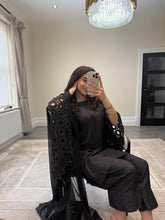 Load image into Gallery viewer, Crochet sleeve shirt with farshi shalwar and silk duppata with pearl finishing throughout