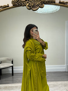 Croatia suit with embellishments and trouser. Chiffon duppata. South Asian party wear suits