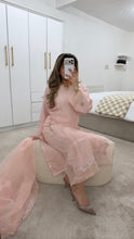 Load image into Gallery viewer, Korean raw silk suit with emrboidery and lace details. Organza duppata. Party wear. Eid collection.