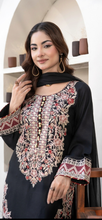 Load image into Gallery viewer, Black and Red Dhanak winter collection short shirt with button detailing with farshi shalwar and embroidered chiffon duppata (Copy)