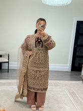 Load image into Gallery viewer, Mauve Organza embellished suit with stonework. Cotton net duppata and cotton silk trouser.