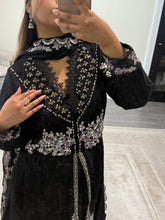 Load image into Gallery viewer, Maria b inspired black chiffon frock with embroidered and rhinestone detailing with trouser and chiffon duppata