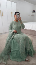 Load image into Gallery viewer, Cutdana Green suit with embroidered cotton net duppata and trouser. Party wear. Eid collection.