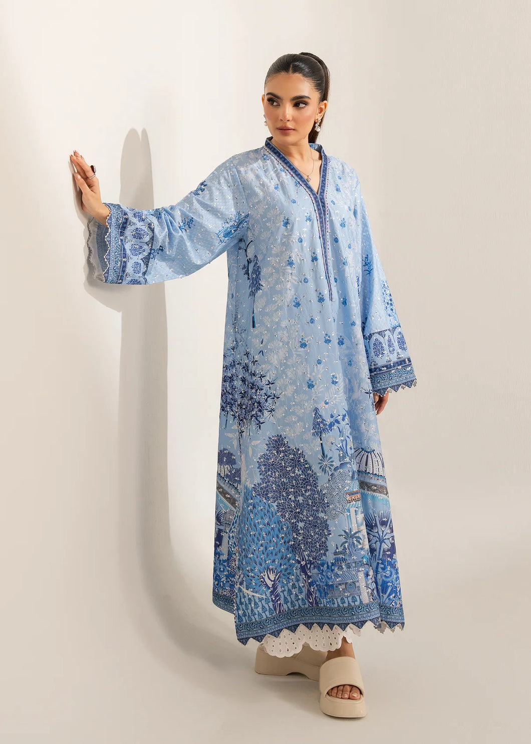 Blue Printed Embroidered Shirt (2-4 weeks delivery)