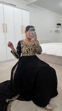 Load image into Gallery viewer, Chiffon frock style suit with sari draped duppata and hand embellishments and silk trouser. Eid collection. Party wear.