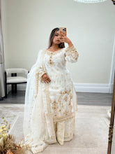 Load image into Gallery viewer, Elegant white beauty diamonte 3 piece suit with organza duppata and sharara
