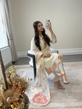 Load image into Gallery viewer, Black/ white chiffon embroidered suit with sequin embroidery and embellishments. Chiffon duppata. Eid and party wear.