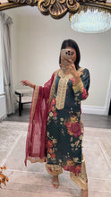 Load image into Gallery viewer, silk green floral embroidered 3 piece suit with khadi net duppata