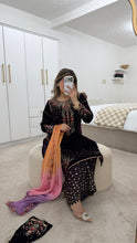 Load image into Gallery viewer, Purple velvet embroidered suit with sequin embroidery and embellishments. Chiffon duppata. Eid and party wear.