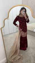 Load image into Gallery viewer, Red velvet embroidered suit with mirror work and wid leg trouser and organza duppata. Eid collection party wear