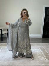 Load image into Gallery viewer, Grey Maria b inspired chiffon suit with embellishment and embroidery with chiffon duppata and trouser. Asian party wear suit.