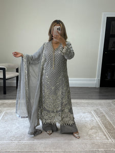 Grey Maria b inspired chiffon suit with embellishment and embroidery with chiffon duppata and trouser. Asian party wear suit.