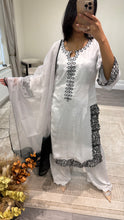 Load image into Gallery viewer, Raw silk black and white hand embroidered 3 piece suit with organza duppata
