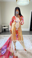 Load image into Gallery viewer, Maria B inspired embroidered lawn suit colourful print with chiffon duppata