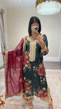 Load image into Gallery viewer, silk green floral embroidered 3 piece suit with khadi net duppata