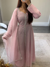 Load image into Gallery viewer, Mahira khan black sparkle suit with open gown style shirt. Duppata and trouser.