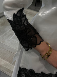 black and white embroidered raw silk suit with silk plazzo and chiffon duppata party wear suit
