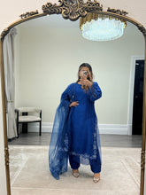 Load image into Gallery viewer, Korean raw silk suit with emrboidery and lace details. Organza duppata. Party wear. Eid collection.