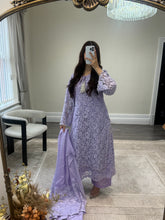 Load image into Gallery viewer, Lilac Lace net pearl embellished suit with trouser with chiffon duppata.