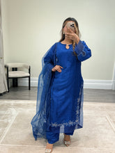 Load image into Gallery viewer, Korean raw silk suit with emrboidery and lace details. Organza duppata. Party wear. Eid collection.
