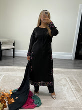Load image into Gallery viewer, Black silk suit with embroidered sequin work and silk tye dye duppata and silk trouser