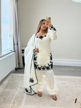 Load image into Gallery viewer, Cream and black embroidered cotton silk suit with shalwar and organza duppata with embroidery.