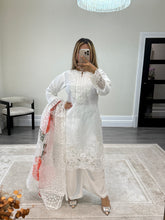 Load image into Gallery viewer, White embroidered shirt with floral print organza duppata and silk trouser
