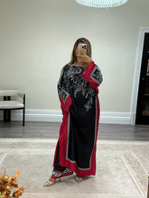 Load image into Gallery viewer, Black and pink  kaftan style long shirt with khadi net duppata and wide leg trouser